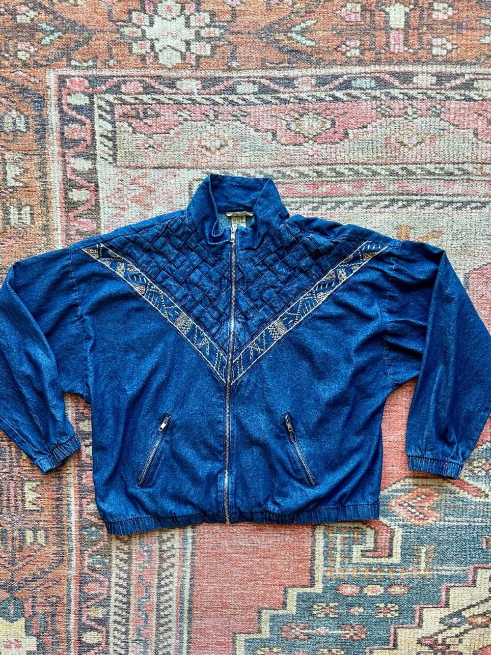 Vintage Woven Lattice Embroidered Denim Bomber Jacket